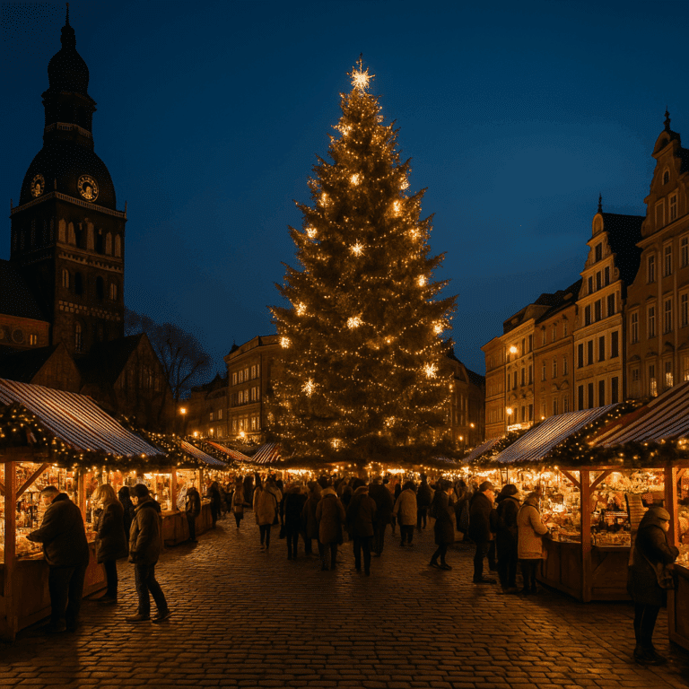 kerstmarkten Europa markt avond lichtjes plein