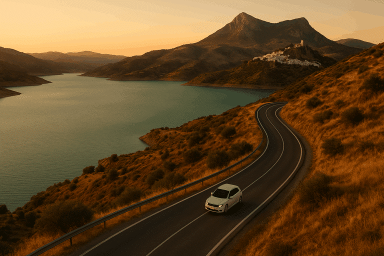 roadtrip Andalusië weg langs stuwmeer met auto