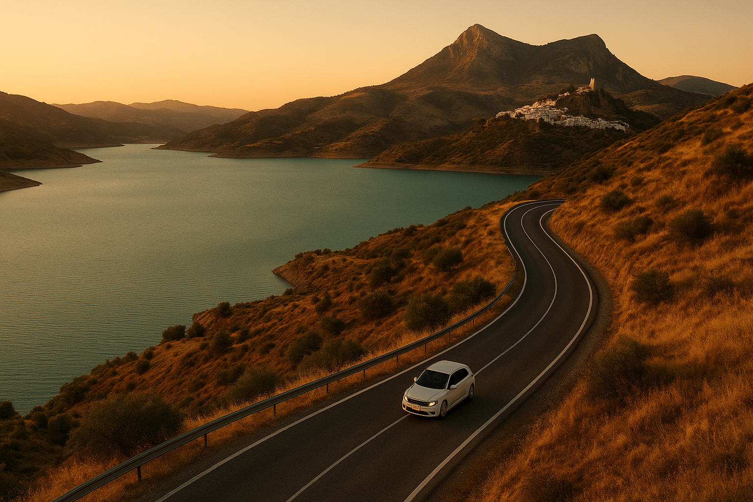 roadtrip Andalusië weg langs stuwmeer met auto